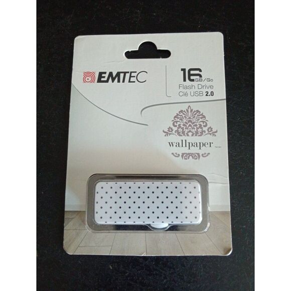 Emtec 16GB Flash Drive USB 2.0 White & Black Polka Dots Wallpaper Design - Picture 1 of 3